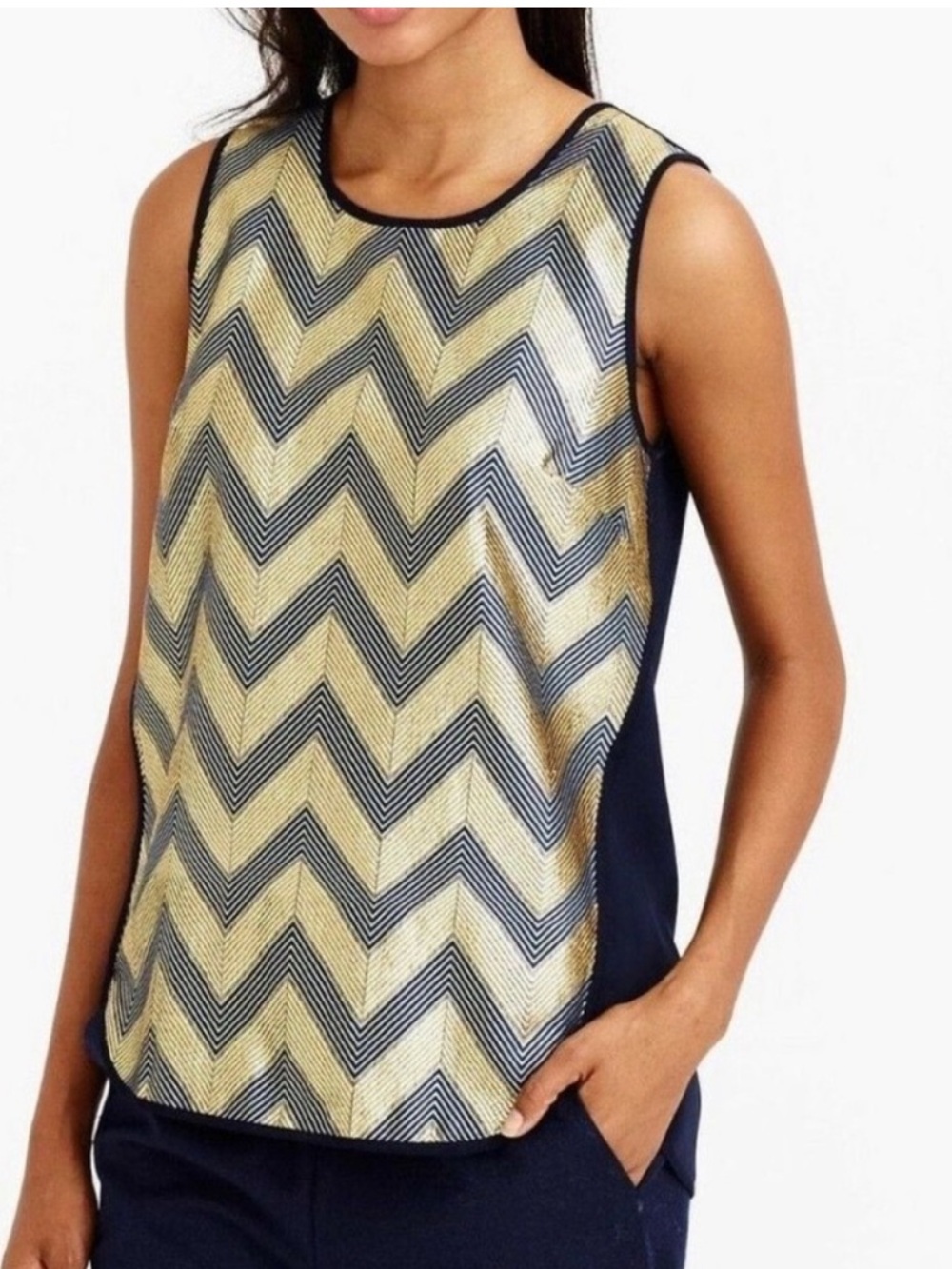 NWOT J. Crew  Chevron Metallic Gold & Blue Sleeveless Blouse